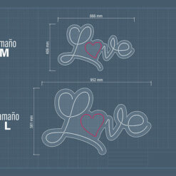 Neon LED Bodas Love con letra o en forma de corazón con medidas tácnicas