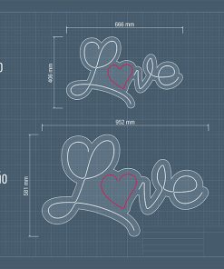 Neon LED Bodas Love con letra o en forma de corazón con medidas tácnicas