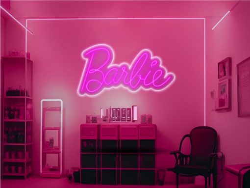 Neon led barbie retro con letras en neon rosa y metacrilato transparente sobre habitacion