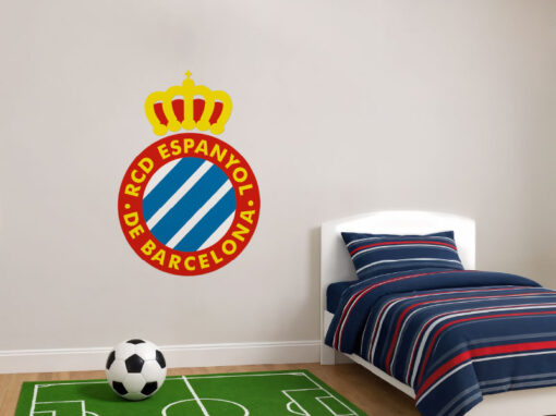 Montaje de habitación juvenil con Vinilo Decorativo Auto Adhesivo de Futbol Escudo del RCD Espanyol de Barcelona
