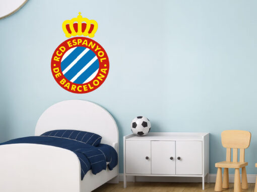 Montaje de habitación infantil con Vinilo Decorativo Auto Adhesivo de Futbol Escudo del RCD Espanyol de Barcelona
