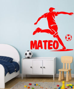 Montaje de habitación infantil con Vinilo futbol con jugador balón y nombre personalizable