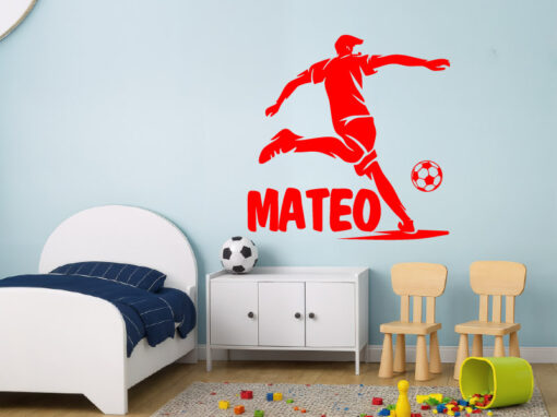 Montaje de habitación infantil con Vinilo futbol con jugador balón y nombre personalizable
