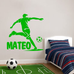 Montaje de habitación infantil con Vinilo futbol con jugador balón y nombre personalizable