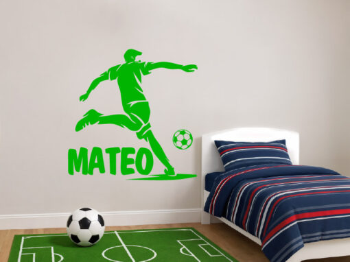 Montaje de habitación infantil con Vinilo futbol con jugador balón y nombre personalizable