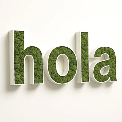 Letra Corporea "hola" de Musgo Preservado sobre PVC Blanco