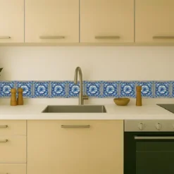 Cenefa Decorativa Vinilo Motivo Azulejo Flor Azul cocina