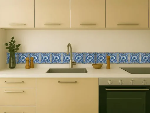 Cenefa Decorativa Vinilo Motivo Azulejo Flor Azul cocina
