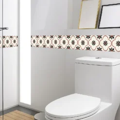Cenefa Decorativa Vinilo Motivo Azulejo Flor Espiga Beige baño