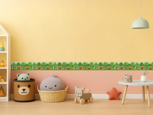 Cenefa Decorativa Infantil Vinilo Mapaches y Pandas Rojos habitacion