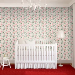 Papel pintado autoadhesivo Flores Cerezo Rosa, en la pared de un dormitorio infantil