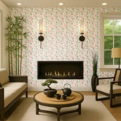 Papel pintado autoadhesivo Flores Cerezo Rosa, decorando un salón